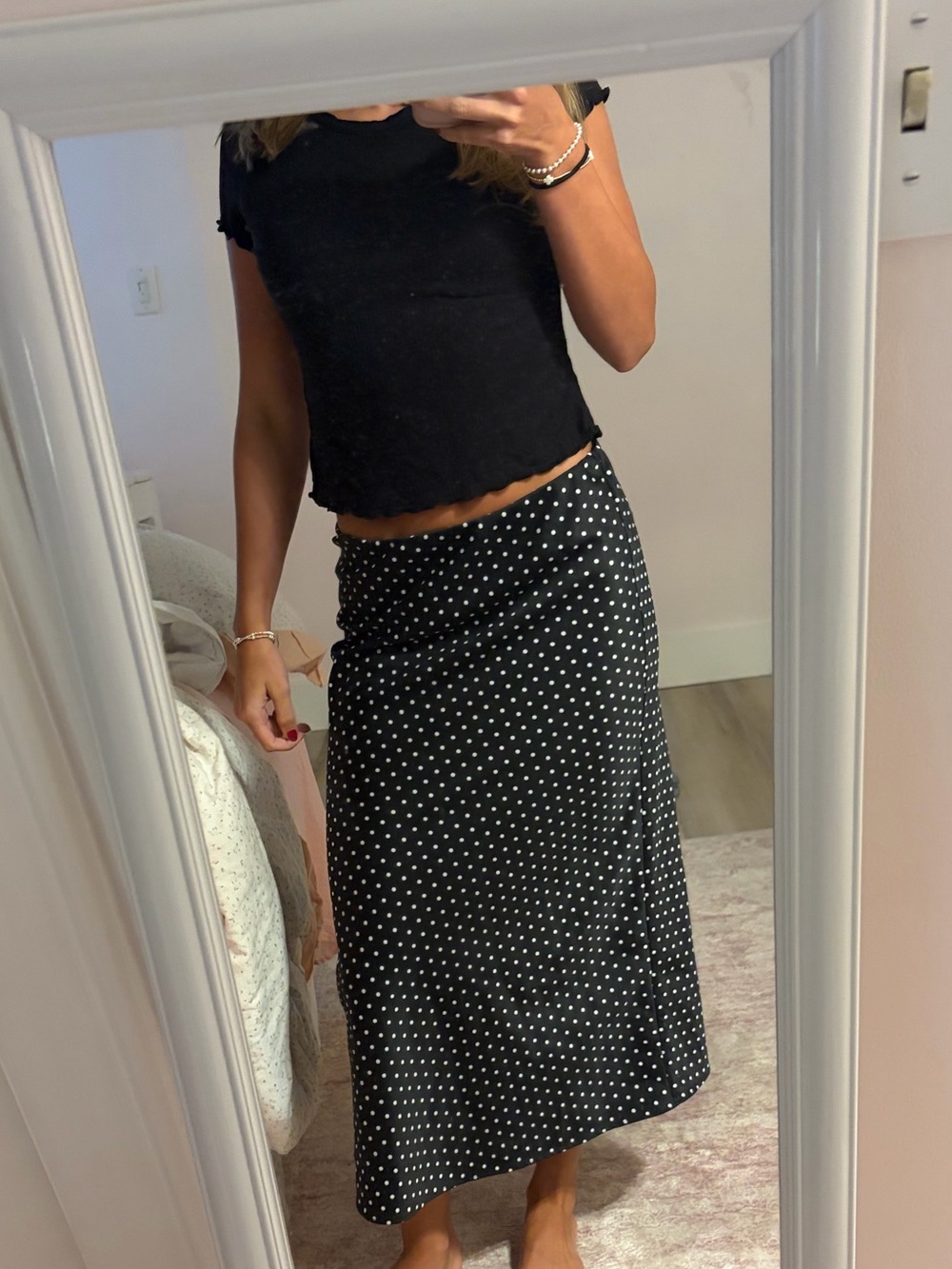 LOFT Black Midi Skirt with White Polka Dots